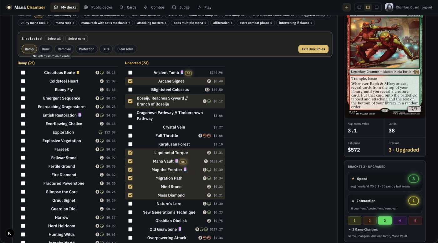 Bulk roles mode with multiple cards selected and Ramp applied, including a custom Blitz role
