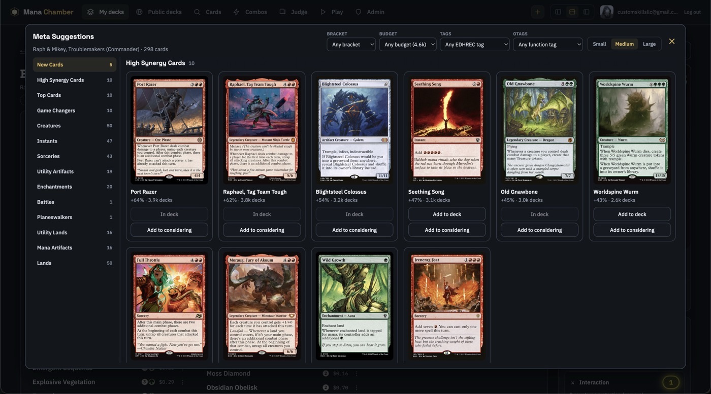 Meta suggestions panel showing high-synergy cards with inclusion rates and add-to-deck actions