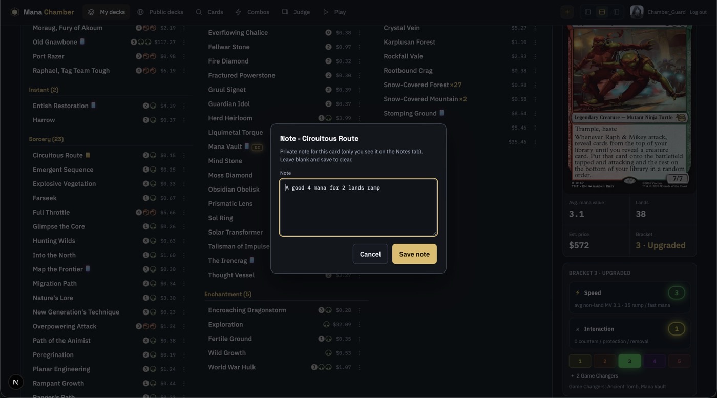 Per-card note dialog on Circuitous Route from the deck list menu