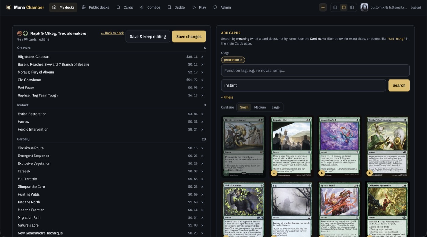 Deck editor with meaning search and protection function tag results while adding cards